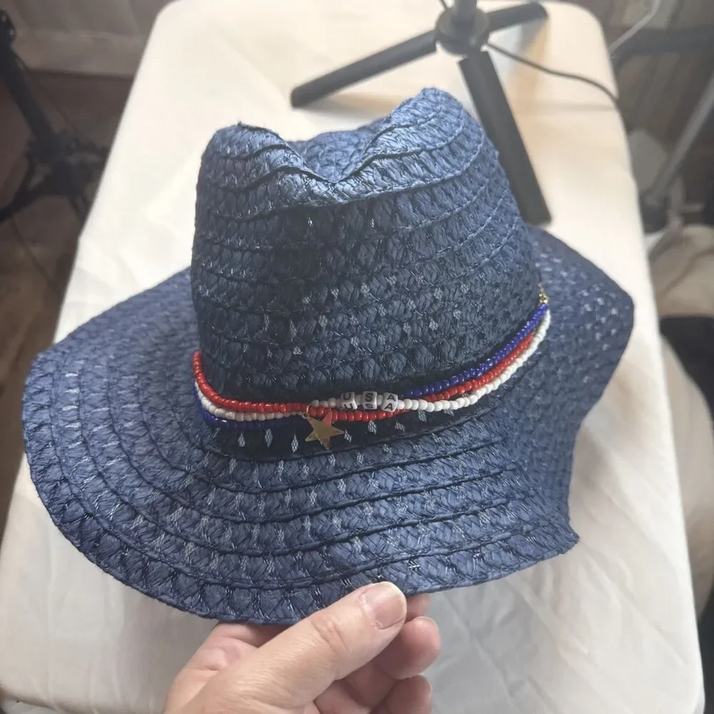 SHEIN Navy Blue Straw Hat Red White And Blue Bead Accents USA NWOT - Picture 2 of 12